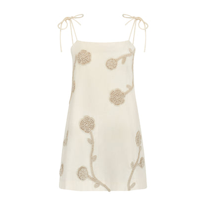 Mini Dress with Hand-Crochet Ivy Flowers on Cream Cotton/Linen Blend | 2X Large | Merrow Anam Mini Dress with Hand-Crochet Ivy Flowers on Cream Cotton/Linen Blend | 2X Large | Merrow Anam